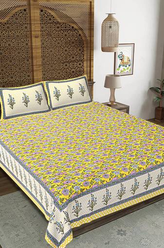 Rudra bazaar yellow  210 tc cotton double king bedsheet with 2 pillow covers