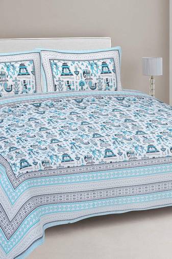 Rudra bazaar blue  210 tc cotton double king bedsheet with 2 pillow covers