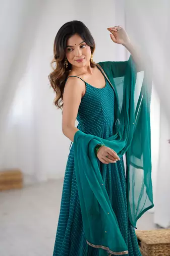 Pine green Long kurta with dupatta