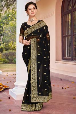 Black Zari Embroidered Border Georgette Saree With Matching Blouse 1