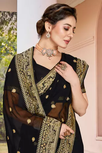 Black Zari Embroidered Border Georgette Saree With Matching Blouse