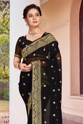 Black Zari Embroidered Border Georgette Saree With Matching Blouse 3