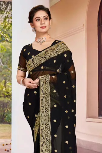 Black Zari Embroidered Border Georgette Saree With Matching Blouse