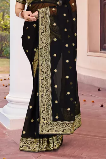 Black Zari Embroidered Border Georgette Saree With Matching Blouse