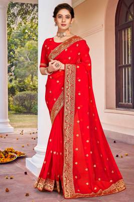 Red Zari Embroidered Border Georgette Saree With Matching Blouse 1