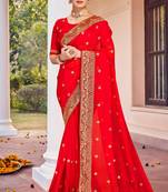 Red Zari Embroidered Border Georgette Saree With Matching Blouse