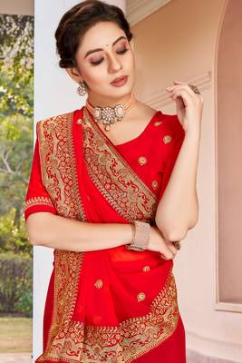 Red Zari Embroidered Border Georgette Saree With Matching Blouse 2