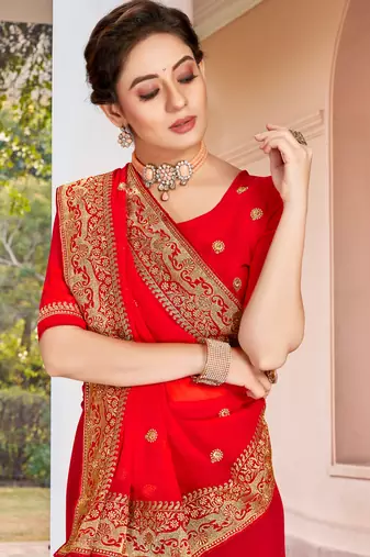 Red Zari Embroidered Border Georgette Saree With Matching Blouse