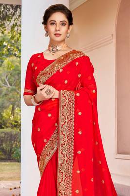 Red Zari Embroidered Border Georgette Saree With Matching Blouse 3