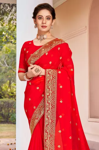 Red Zari Embroidered Border Georgette Saree With Matching Blouse