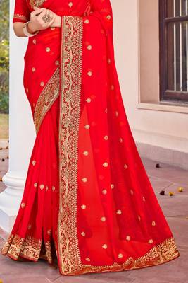 Red Zari Embroidered Border Georgette Saree With Matching Blouse 4