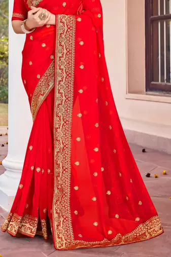 Red Zari Embroidered Border Georgette Saree With Matching Blouse