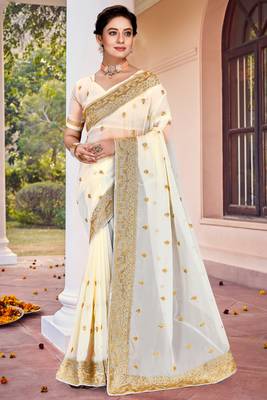 Off White Zari Embroidered Border Georgette Saree With Matching Blouse 1