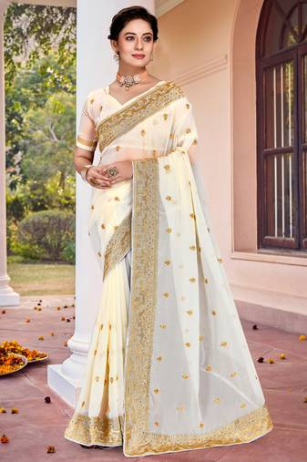 Off White Zari Embroidered Border Georgette Saree With Matching Blouse