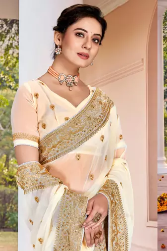 Off White Zari Embroidered Border Georgette Saree With Matching Blouse