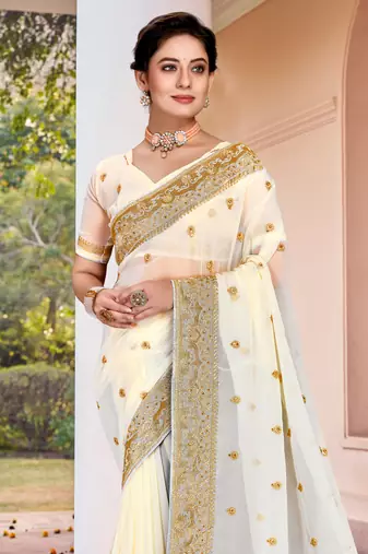 Off White Zari Embroidered Border Georgette Saree With Matching Blouse
