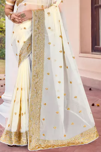Off White Zari Embroidered Border Georgette Saree With Matching Blouse