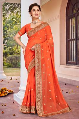 Peach Zari Embroidered Border Georgette Saree With Matching Blouse 1