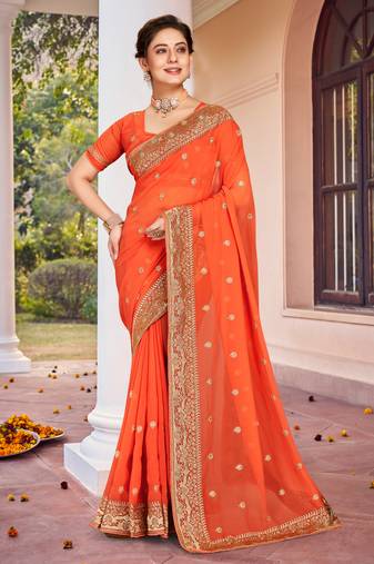 Peach Zari Embroidered Border Georgette Saree With Matching Blouse