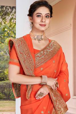 Peach Zari Embroidered Border Georgette Saree With Matching Blouse 2