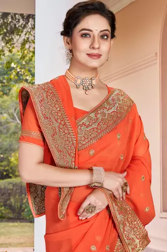 Peach Zari Embroidered Border Georgette Saree With Matching Blouse