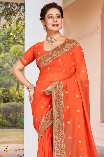 Peach Zari Embroidered Border Georgette Saree With Matching Blouse