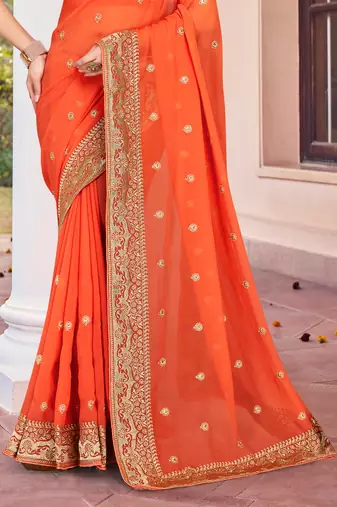 Peach Zari Embroidered Border Georgette Saree With Matching Blouse