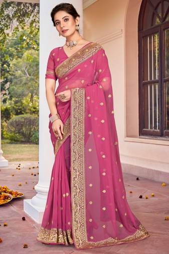 Pink Zari Embroidered Border Georgette Saree With Matching Blouse