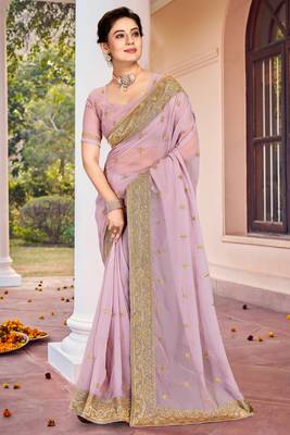 Lavender Zari Embroidered Border Georgette Saree With Matching Blouse 1