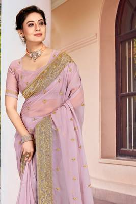 Lavender Zari Embroidered Border Georgette Saree With Matching Blouse 3