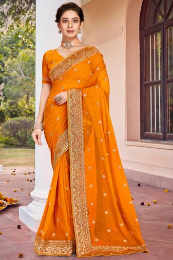 Mustard Zari Embroidered Border Georgette Saree With Matching Blouse
