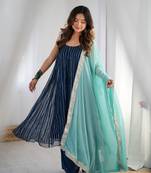 Navy blue anarkali palazzo set with dupatta