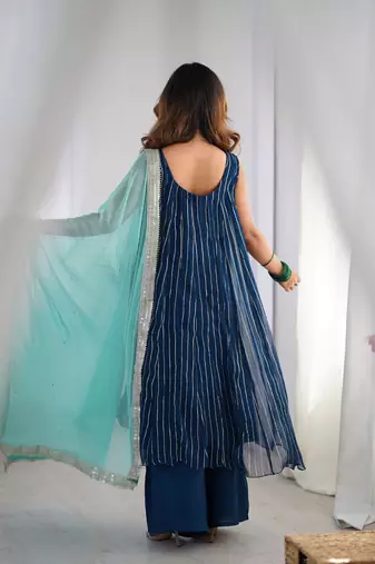 Navy blue anarkali palazzo set with dupatta