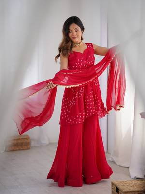 Crimson pink peplum kurta and flared palazzo set with dupatta 1