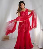 Crimson pink peplum kurta and flared palazzo set with dupatta
