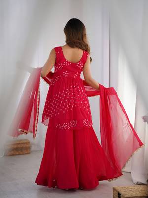 Crimson pink peplum kurta and flared palazzo set with dupatta 2