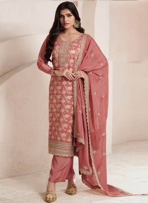 Peach silk jacquard embroidered salwar suit 1