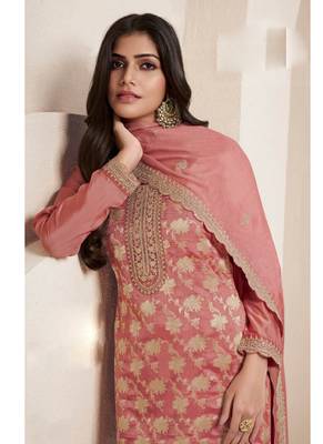 Peach silk jacquard embroidered salwar suit 2