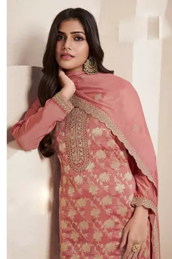 Peach silk jacquard embroidered salwar suit