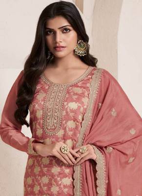Peach silk jacquard embroidered salwar suit 3