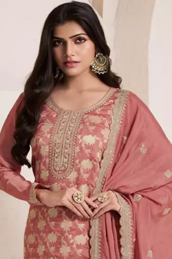 Peach silk jacquard embroidered salwar suit