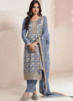 Light blue silk jacquard embroidered salwar suit 1