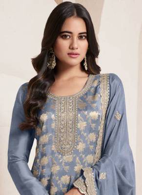 Light blue silk jacquard embroidered salwar suit 2