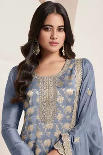 Light blue silk jacquard embroidered salwar suit