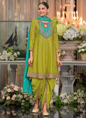 Mahendi chinon silk embroidered designer dhoti suit 1