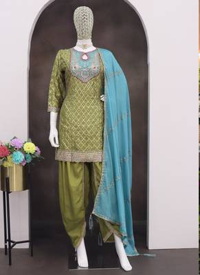 Mahendi chinon silk embroidered designer dhoti suit 2