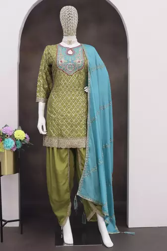 Mahendi chinon silk embroidered designer dhoti suit