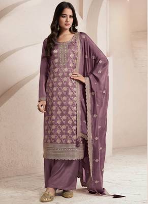 Onion pink silk jacquard embroidered salwar suit 1