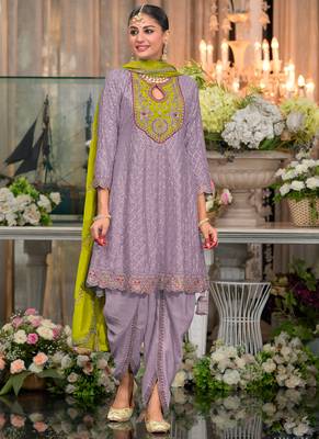 Lavender chinon silk embroidered designer dhoti suit 1