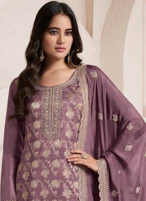 Onion pink silk jacquard embroidered salwar suit 2